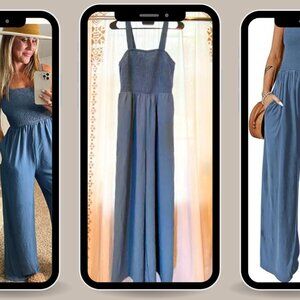 Dokotoo Casual Loose Smocked Jumpsuit - Blue - Size Large - GUC